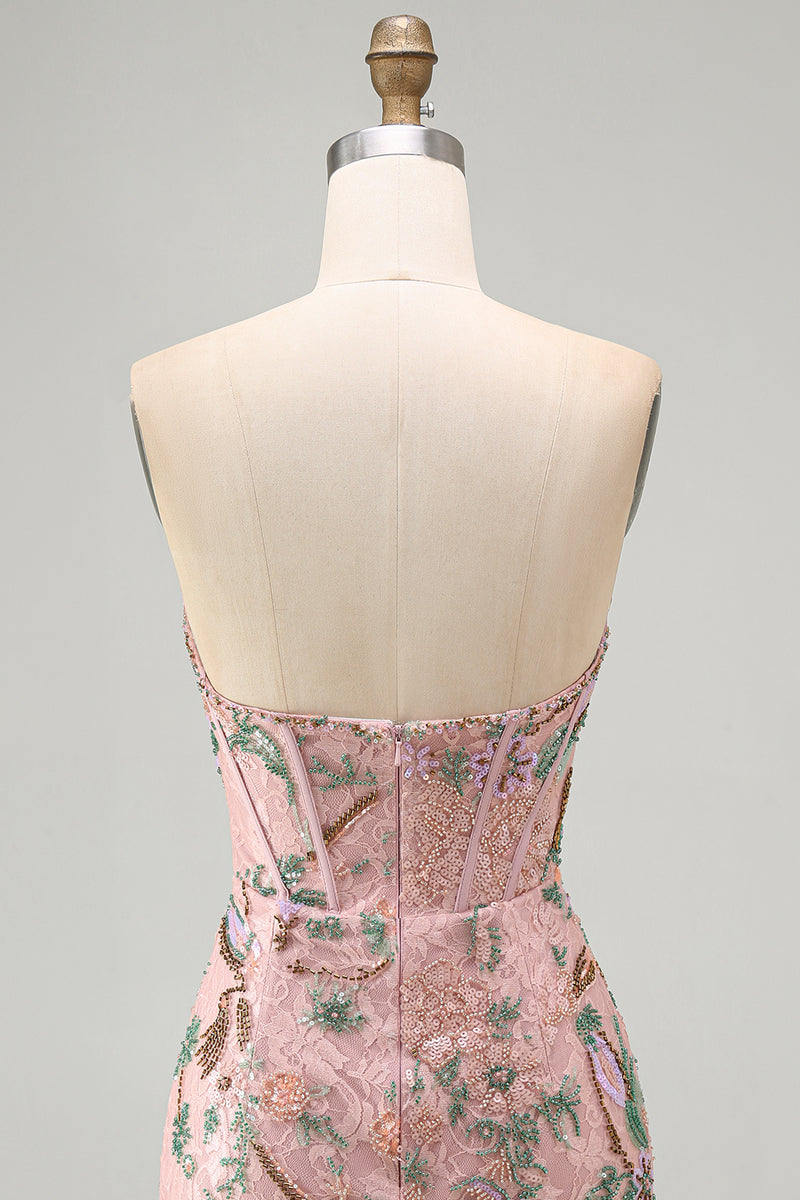 Load image into Gallery viewer, Sparkly Pink Floral Corset Tight Short Beaded Homecoming Dress