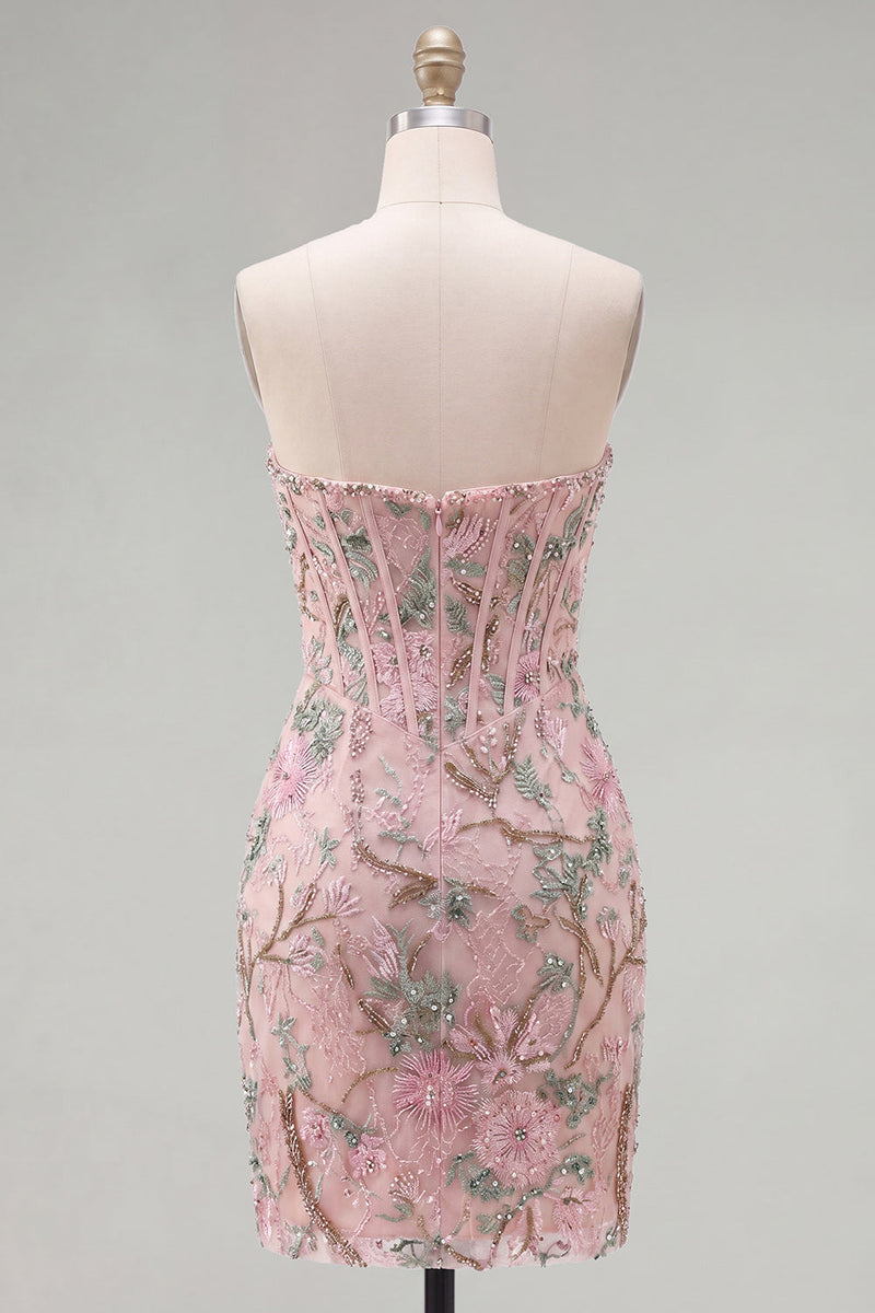 Load image into Gallery viewer, Sparkly Pink Floral Corset Tight Short Beaded Homecoming Dress