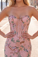 Load image into Gallery viewer, Sparkly Pink Floral Corset Tight Short Beaded Homecoming Dress