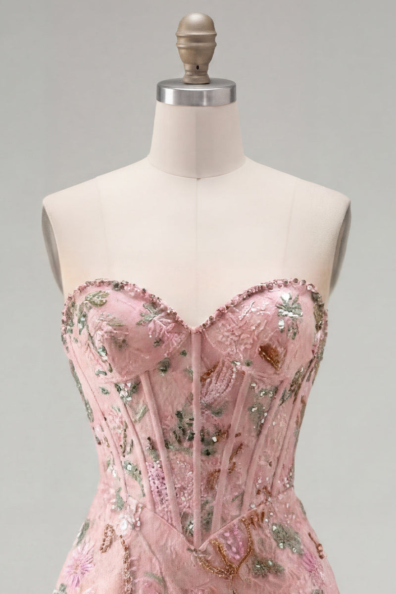 Load image into Gallery viewer, Sparkly Pink Floral Corset Tight Short Beaded Homecoming Dress