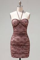 Load image into Gallery viewer, Chocolate Halter Ruched Tight Short Homecoming Dress with Beading