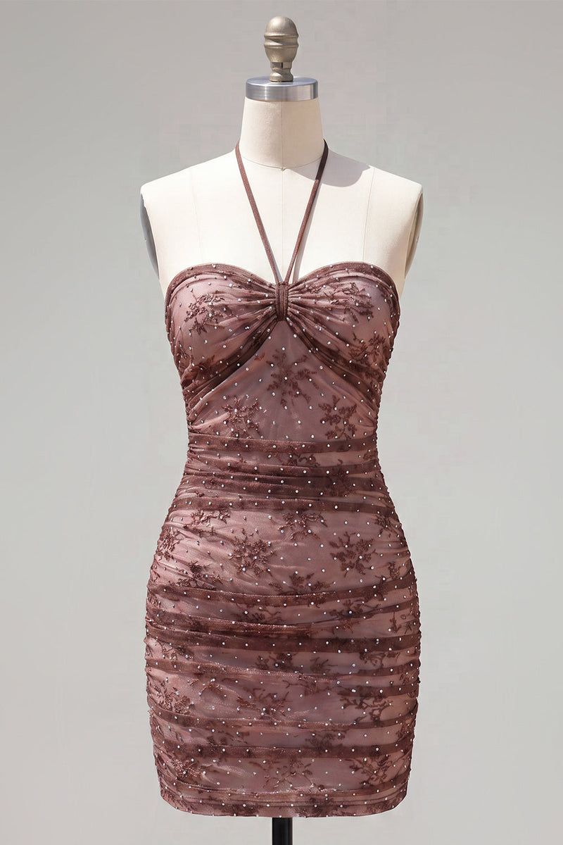 Load image into Gallery viewer, Chocolate Halter Ruched Tight Short Homecoming Dress with Beading