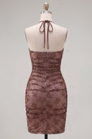 Load image into Gallery viewer, Chocolate Halter Ruched Tight Short Homecoming Dress with Beading