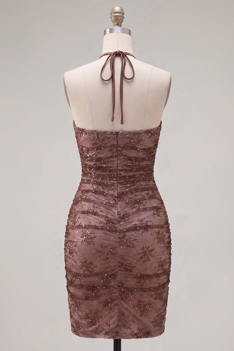 Load image into Gallery viewer, Chocolate Halter Ruched Tight Short Homecoming Dress with Beading