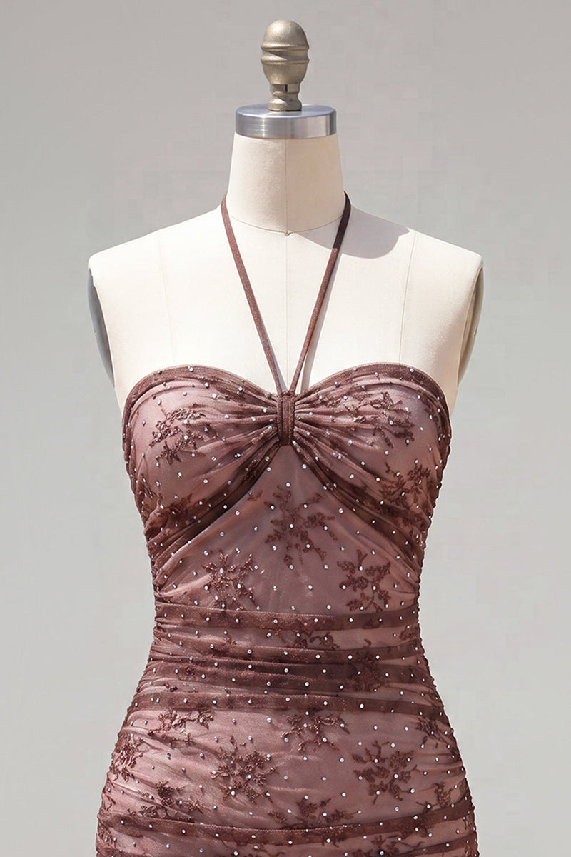 Load image into Gallery viewer, Chocolate Halter Ruched Tight Short Homecoming Dress with Beading