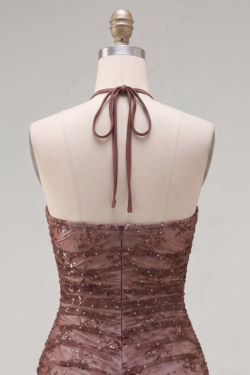Load image into Gallery viewer, Chocolate Halter Ruched Tight Short Homecoming Dress with Beading