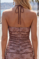Load image into Gallery viewer, Chocolate Halter Ruched Tight Short Homecoming Dress with Beading
