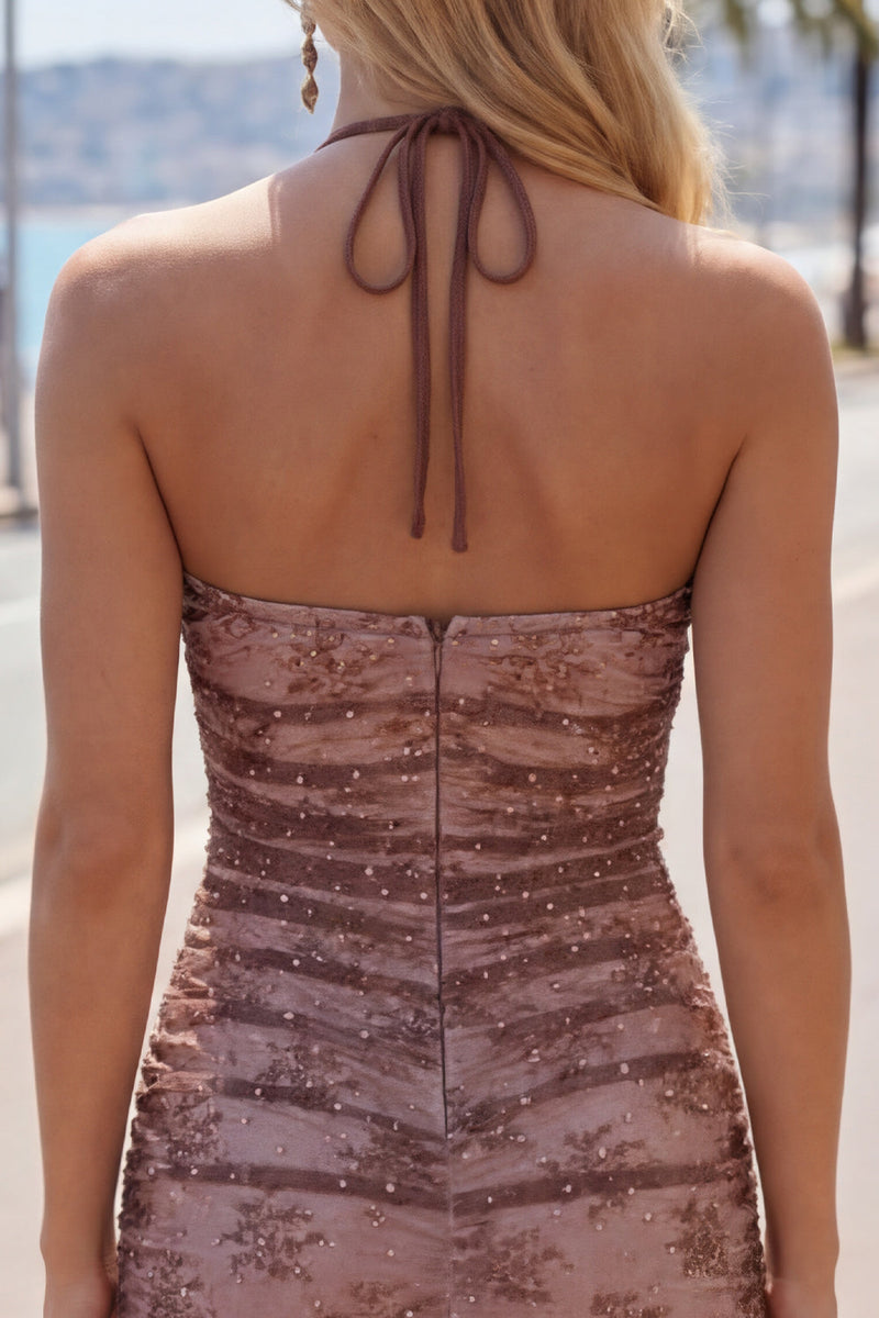 Load image into Gallery viewer, Chocolate Halter Ruched Tight Short Homecoming Dress with Beading