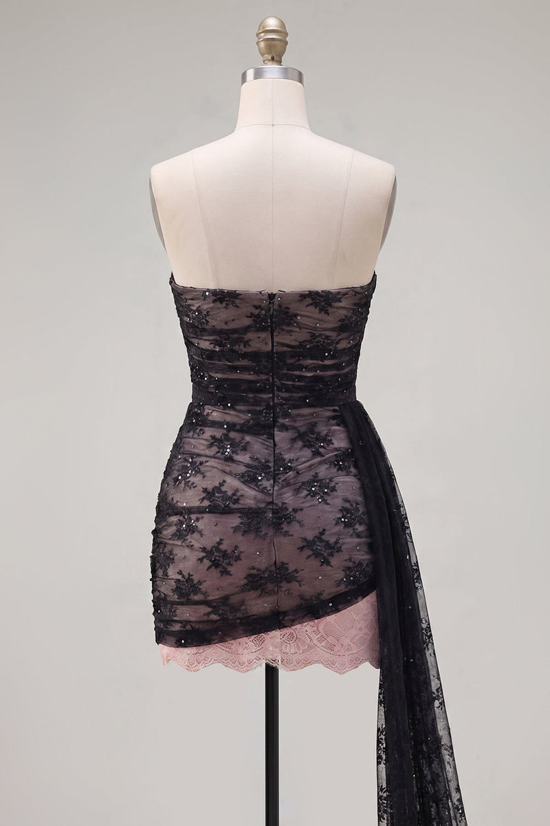 Load image into Gallery viewer, Black Tight Strapless Beaded Short Homecoming Dress with Sash