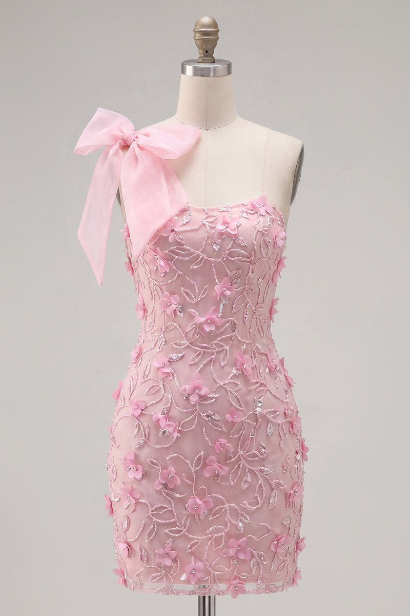 Load image into Gallery viewer, Sparkly Pink Beaded Floral Tight Short Homecoming Dress with Bow