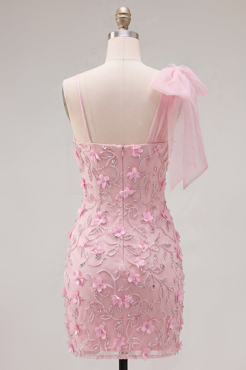 Load image into Gallery viewer, Sparkly Pink Beaded Floral Tight Short Homecoming Dress with Bow