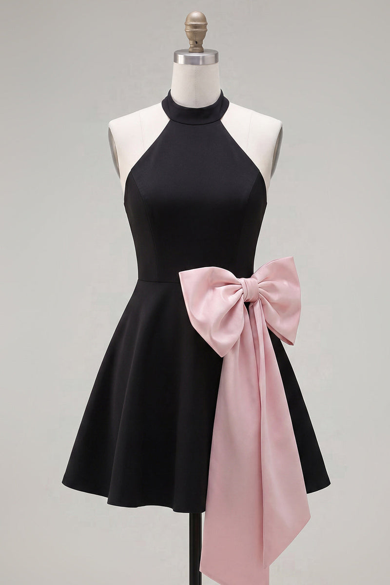 Load image into Gallery viewer, Black Pink A Line High Neck Short Homecoming Dress with Bow
