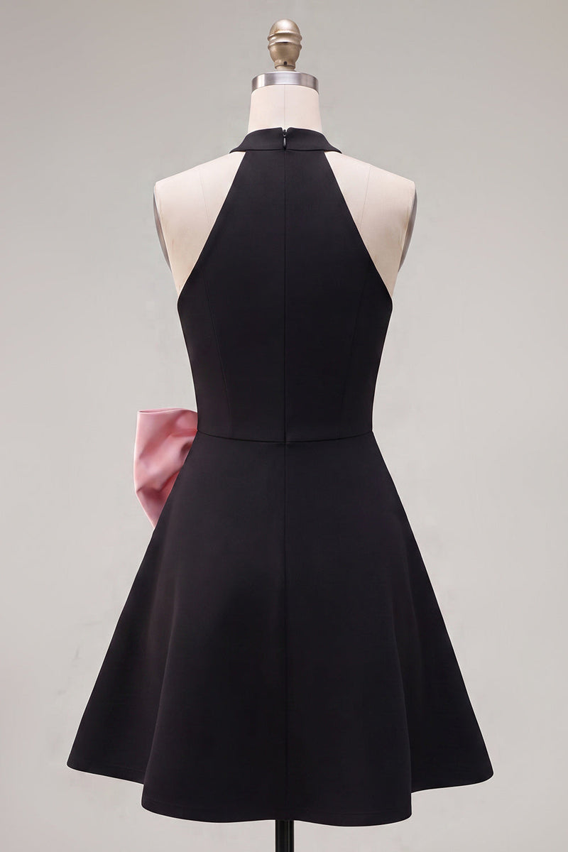 Load image into Gallery viewer, Black Pink A Line High Neck Short Homecoming Dress with Bow