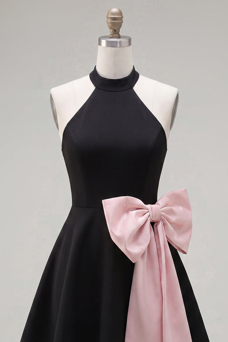 Load image into Gallery viewer, Black Pink A Line High Neck Short Homecoming Dress with Bow