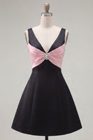 Load image into Gallery viewer, Black Pink A Line V-Neck Short Homecoming Dress with Beading