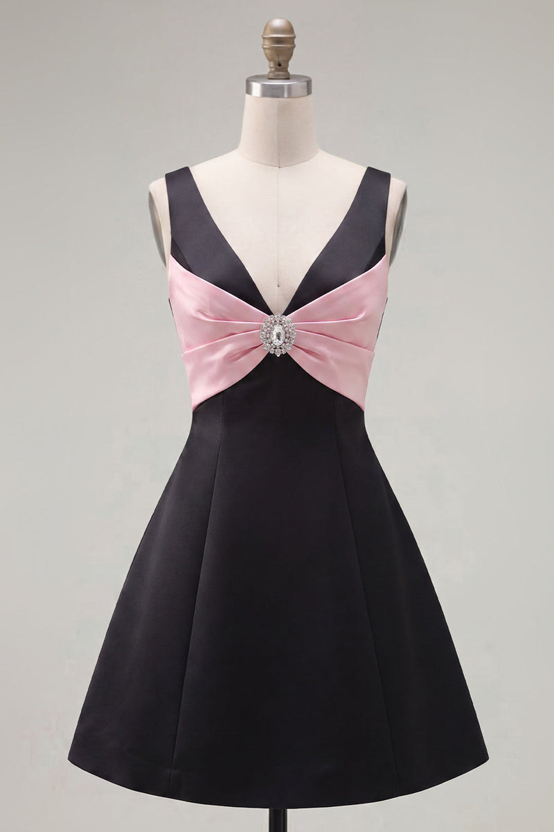 Load image into Gallery viewer, Black Pink A Line V-Neck Short Homecoming Dress with Beading