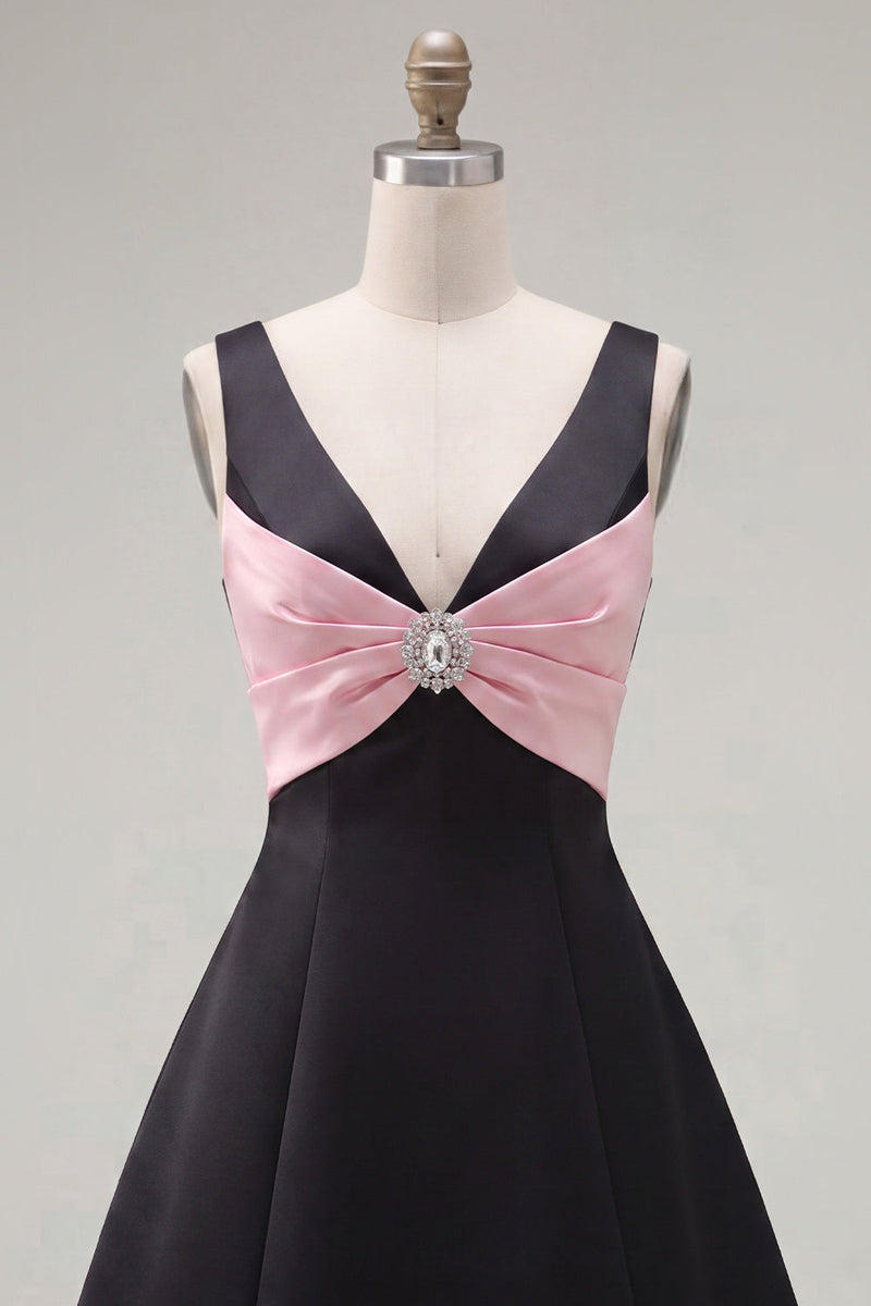 Load image into Gallery viewer, Black Pink A Line V-Neck Short Homecoming Dress with Beading