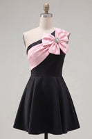 Load image into Gallery viewer, Black Pink A Line One Shoulder Beaded Short Homecoming Dress with Bow
