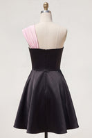 Load image into Gallery viewer, Black Pink A Line One Shoulder Beaded Short Homecoming Dress with Bow