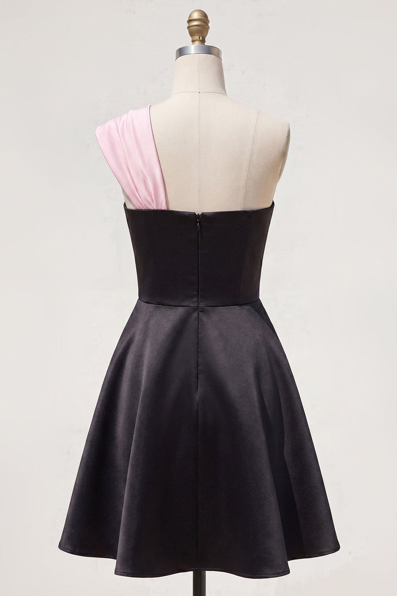 Load image into Gallery viewer, Black Pink A Line One Shoulder Beaded Short Homecoming Dress with Bow