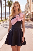 Load image into Gallery viewer, Black Pink A Line One Shoulder Beaded Short Homecoming Dress with Bow