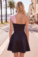 Load image into Gallery viewer, Black Pink A Line One Shoulder Beaded Short Homecoming Dress with Bow