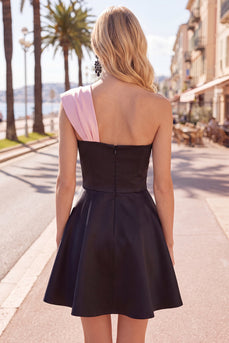Black Pink A Line One Shoulder Beaded Short Homecoming Dress with Bow