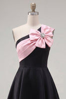 Load image into Gallery viewer, Black Pink A Line One Shoulder Beaded Short Homecoming Dress with Bow