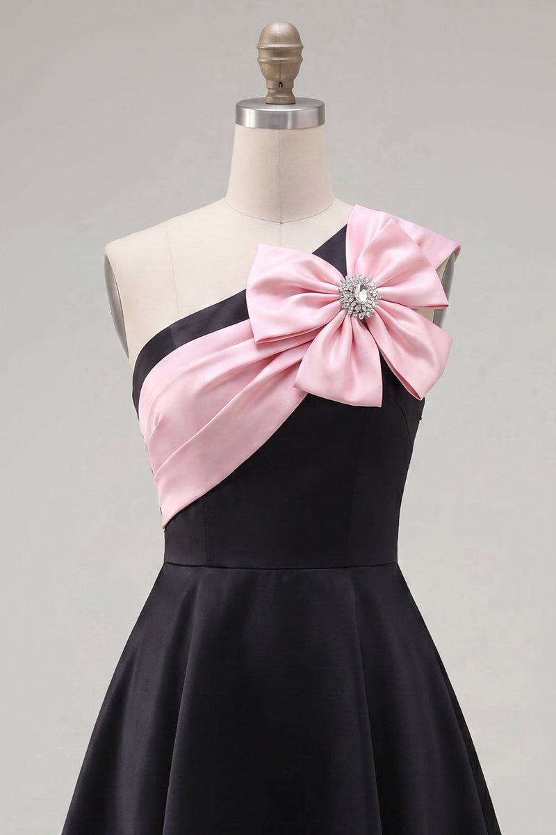 Load image into Gallery viewer, Black Pink A Line One Shoulder Beaded Short Homecoming Dress with Bow