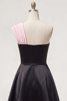 Load image into Gallery viewer, Black Pink A Line One Shoulder Beaded Short Homecoming Dress with Bow