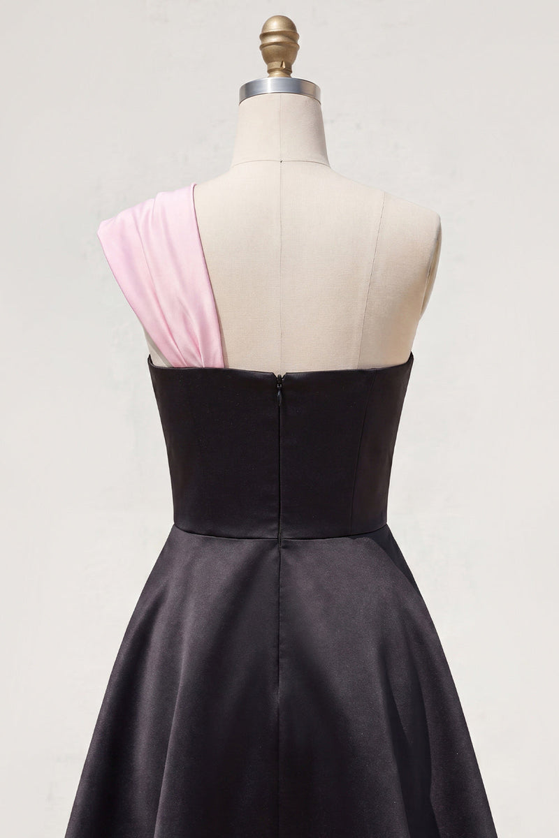 Load image into Gallery viewer, Black Pink A Line One Shoulder Beaded Short Homecoming Dress with Bow