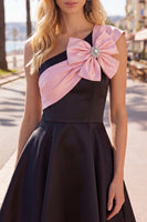 Load image into Gallery viewer, Black Pink A Line One Shoulder Beaded Short Homecoming Dress with Bow