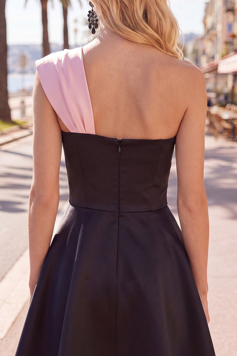 Load image into Gallery viewer, Black Pink A Line One Shoulder Beaded Short Homecoming Dress with Bow