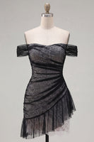 Load image into Gallery viewer, Black Ruched Tight Short Homecoming Dress with Ruffles