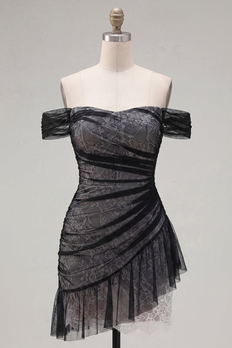 Load image into Gallery viewer, Black Ruched Tight Short Homecoming Dress with Ruffles