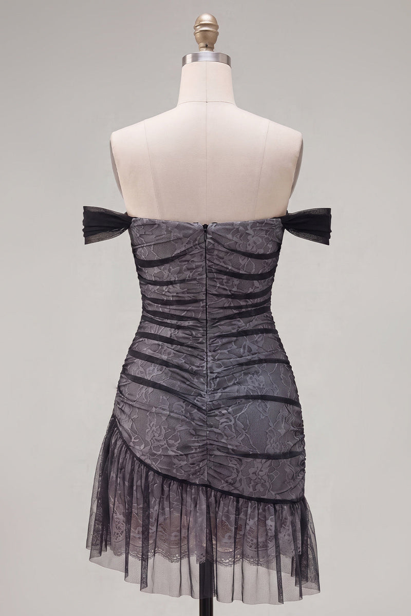 Load image into Gallery viewer, Black Ruched Tight Short Homecoming Dress with Ruffles