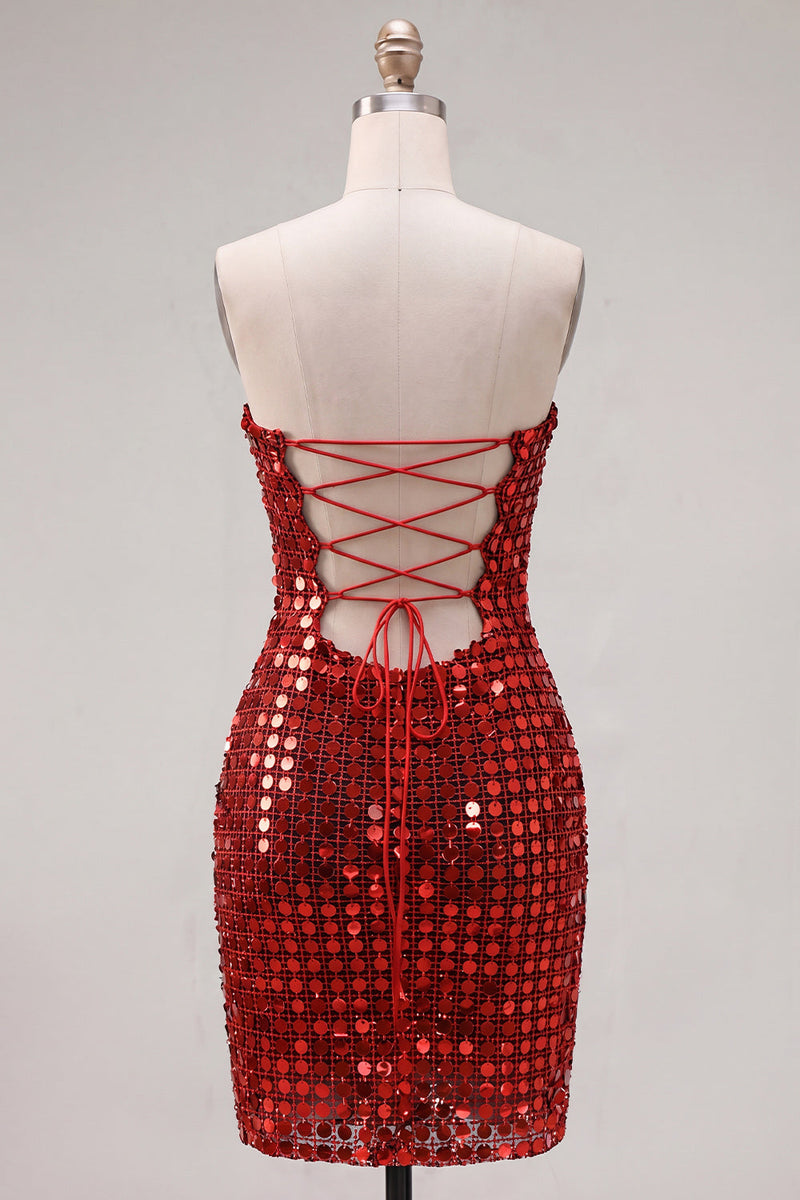 Load image into Gallery viewer, Sparkly Dark Red Beaded Strapless Tight Short Homecoming Dress