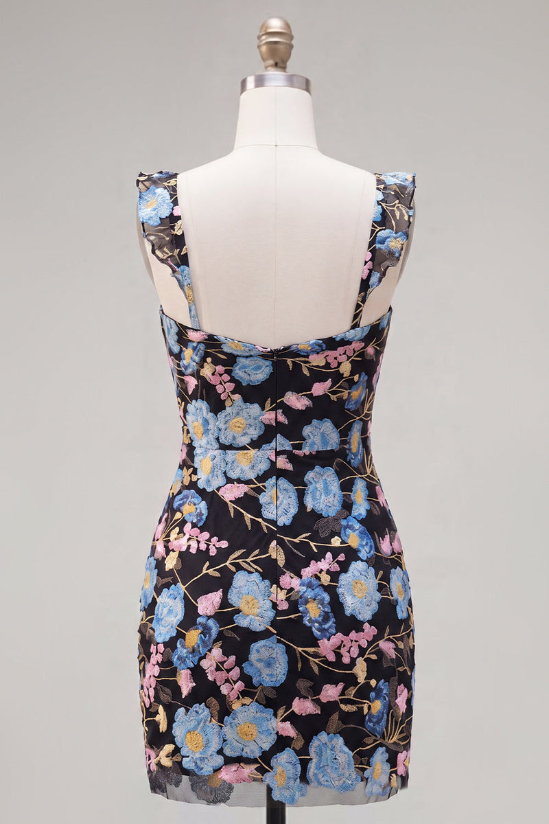 Load image into Gallery viewer, Sparkly Black Floral Beaded Tight Short Homecoming Dress