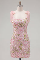 Load image into Gallery viewer, Sparkly Pink Floral Tight Short Beaded Homecoming Dress with Bows