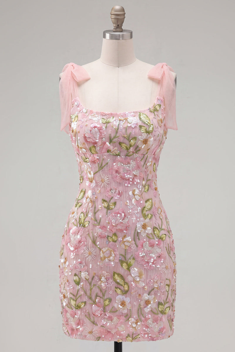 Load image into Gallery viewer, Sparkly Pink Floral Tight Short Beaded Homecoming Dress with Bows
