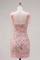 Load image into Gallery viewer, Sparkly Pink Floral Tight Short Beaded Homecoming Dress with Bows