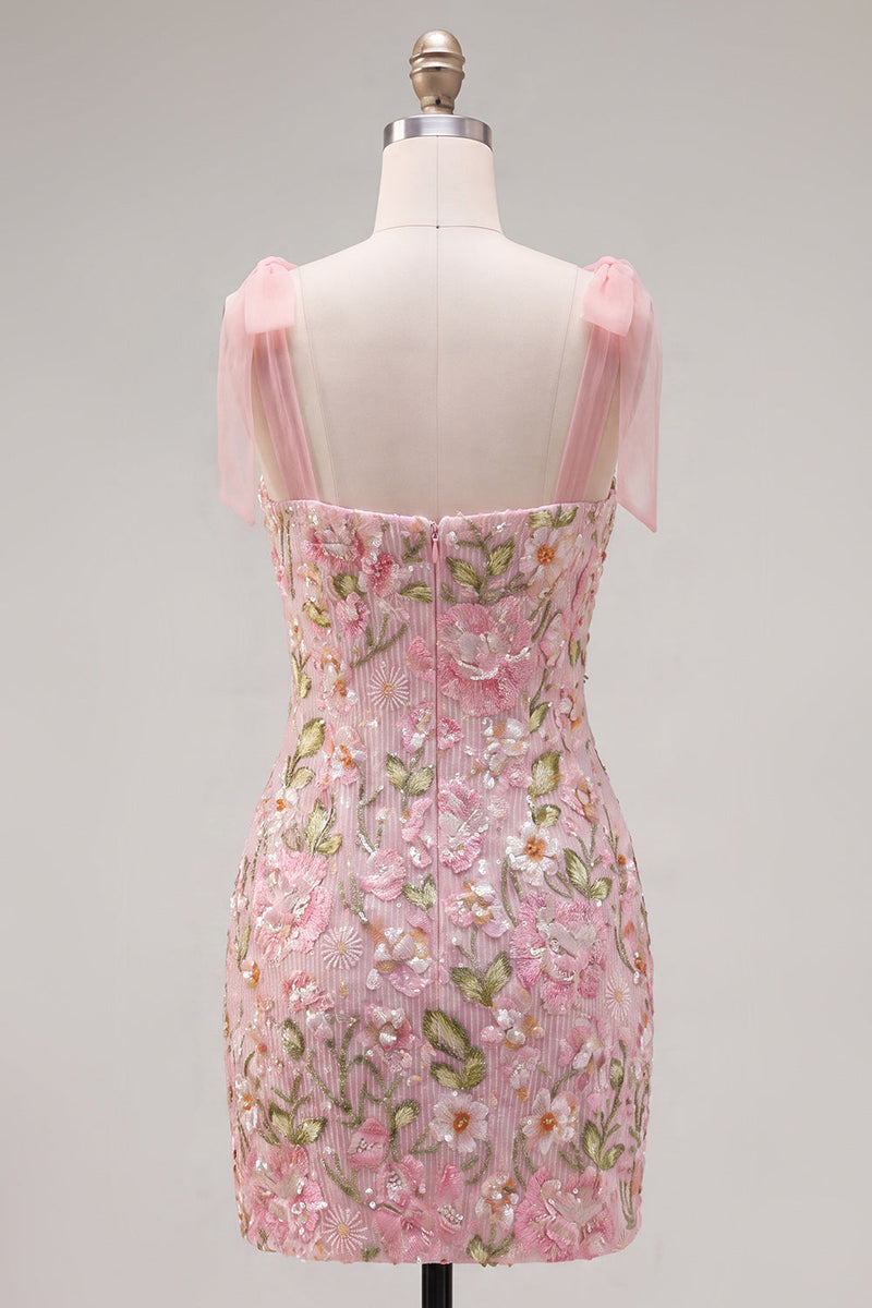 Load image into Gallery viewer, Sparkly Pink Floral Tight Short Beaded Homecoming Dress with Bows