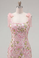 Load image into Gallery viewer, Sparkly Pink Floral Tight Short Beaded Homecoming Dress with Bows