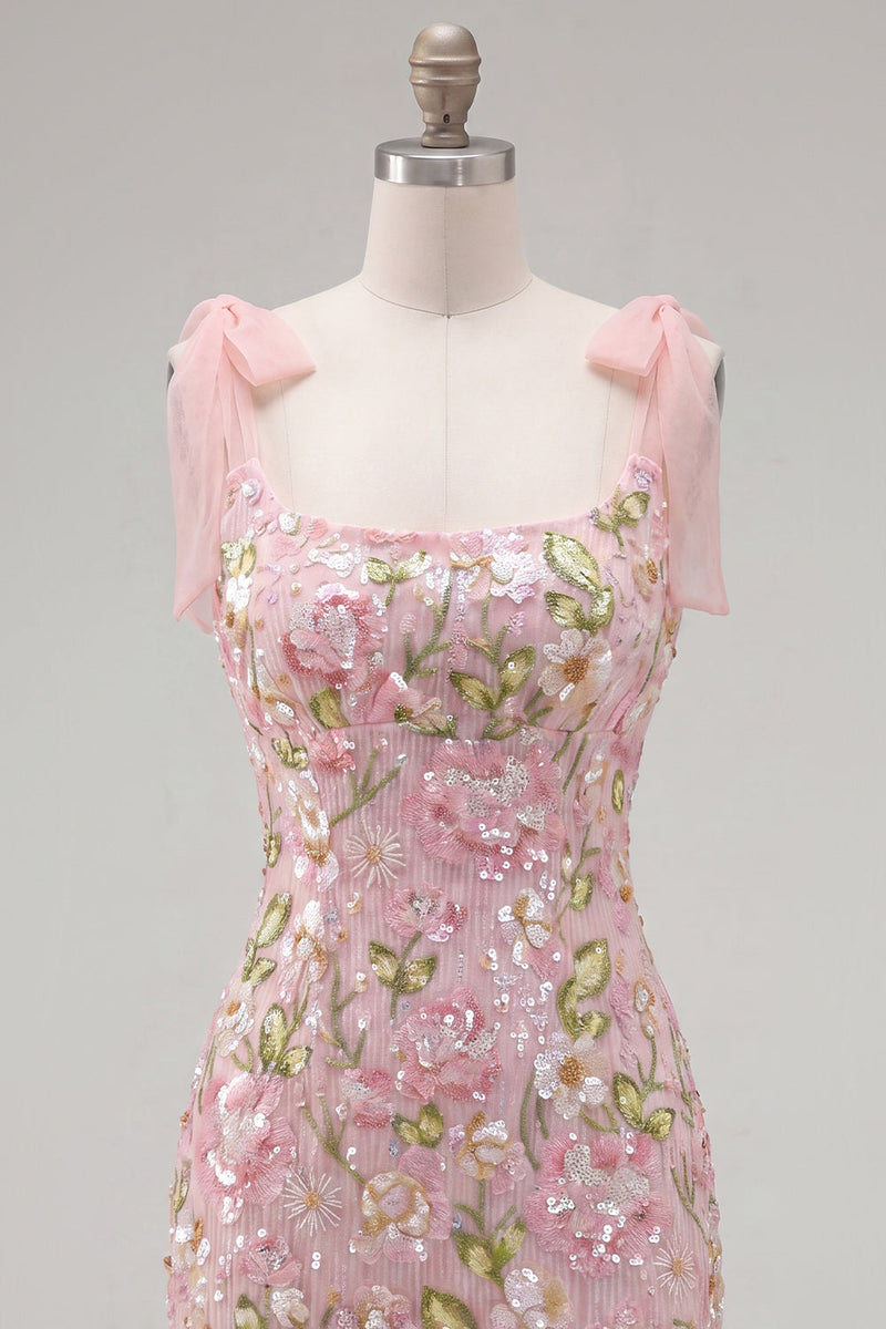 Load image into Gallery viewer, Sparkly Pink Floral Tight Short Beaded Homecoming Dress with Bows