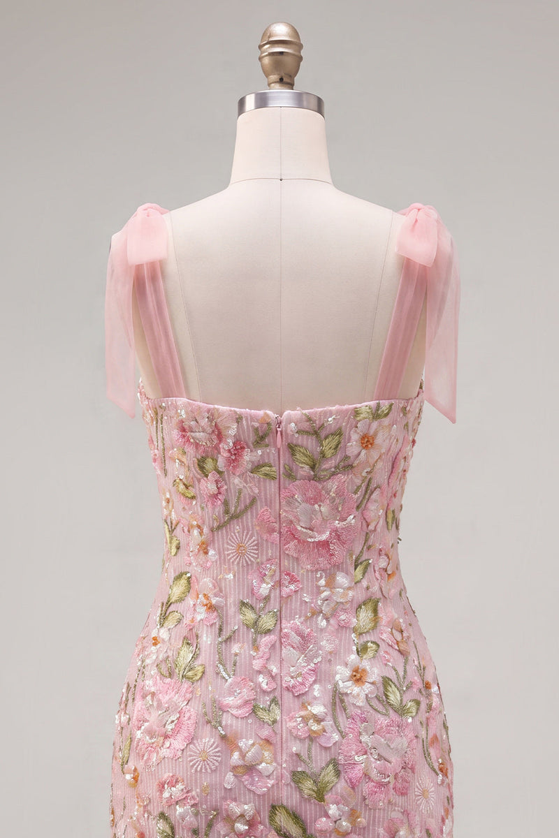 Load image into Gallery viewer, Sparkly Pink Floral Tight Short Beaded Homecoming Dress with Bows