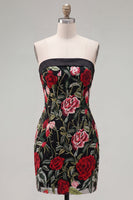 Load image into Gallery viewer, Black Red Flower Strapless Short Tight Homecoming Dress