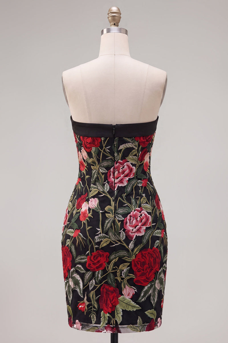 Load image into Gallery viewer, Black Red Flower Strapless Short Tight Homecoming Dress