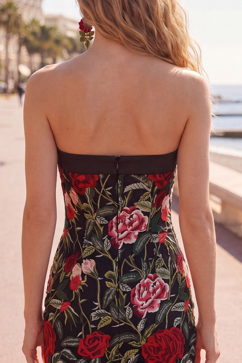 Load image into Gallery viewer, Black Red Flower Strapless Short Tight Homecoming Dress