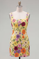 Load image into Gallery viewer, Butter Yellow Floral Square Neck Tight Short Homecoming Dress