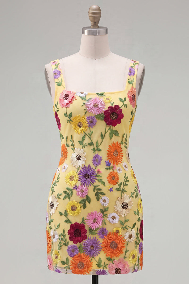 Load image into Gallery viewer, Butter Yellow Floral Square Neck Tight Short Homecoming Dress